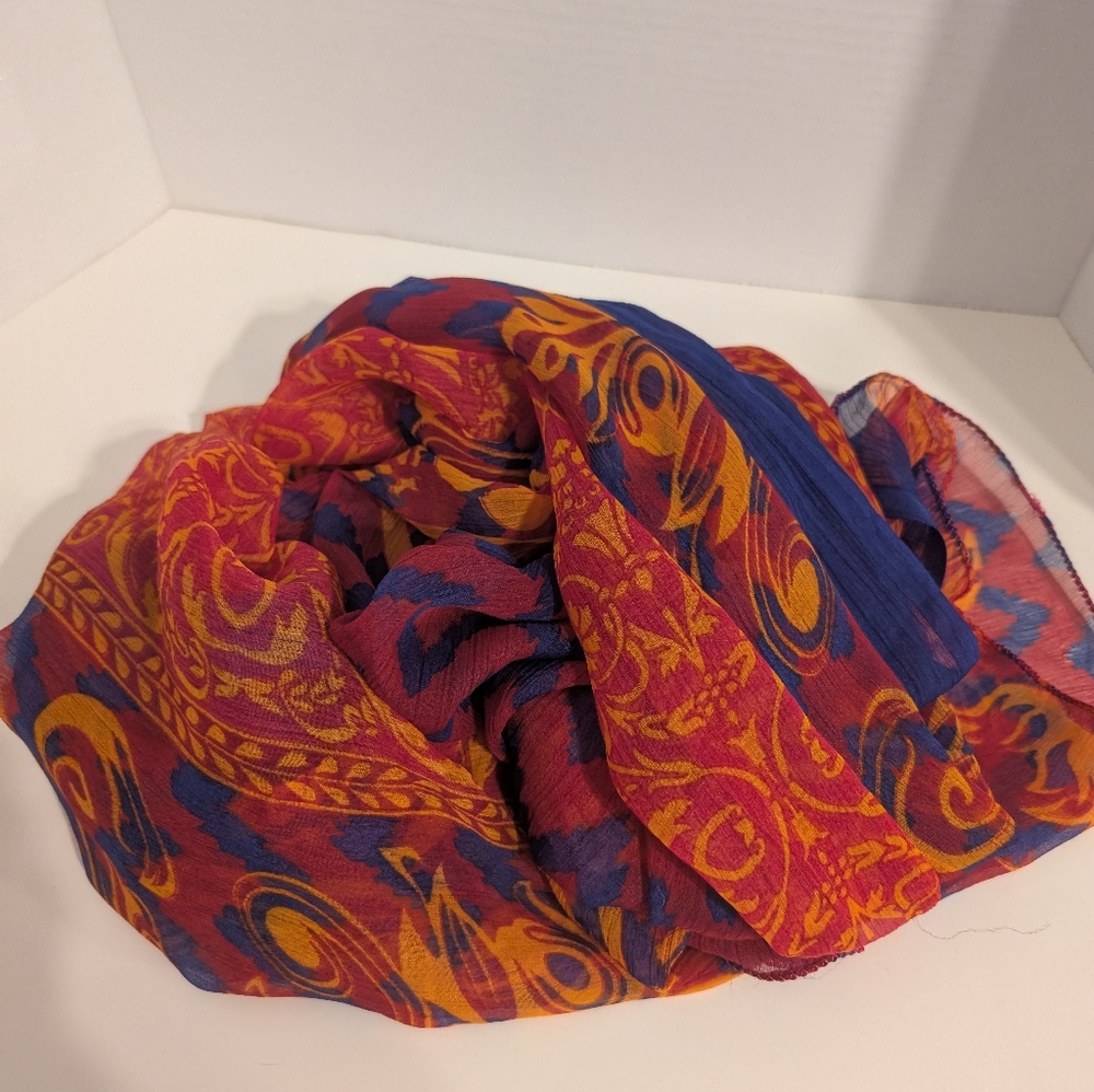 Sheer Large Royal Blue, Red and Orangy Gold Shawl, Scarf or‎ Wrap - Picture 5 of 7